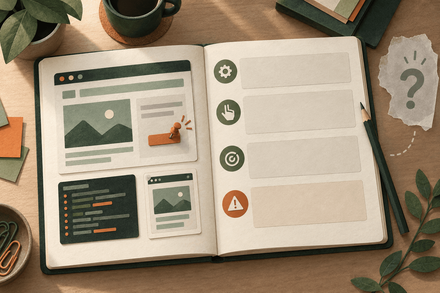 Conceptual notebook showing a bug observation, repeatable steps, and reviewed evidence arranged for a report